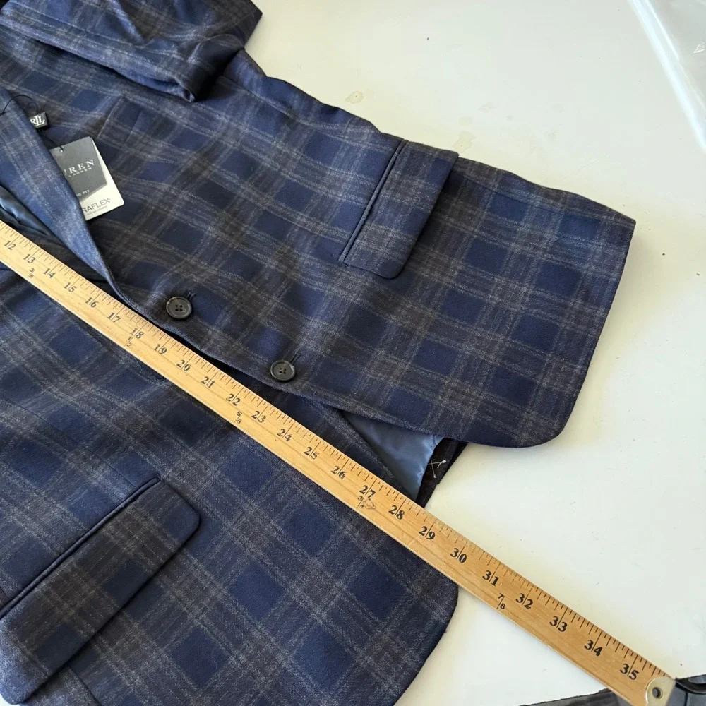 Lauren Ralph Lauren Mens Ultraflex Navy Brown Plaid Wool Blazer 42 Long LETO12P